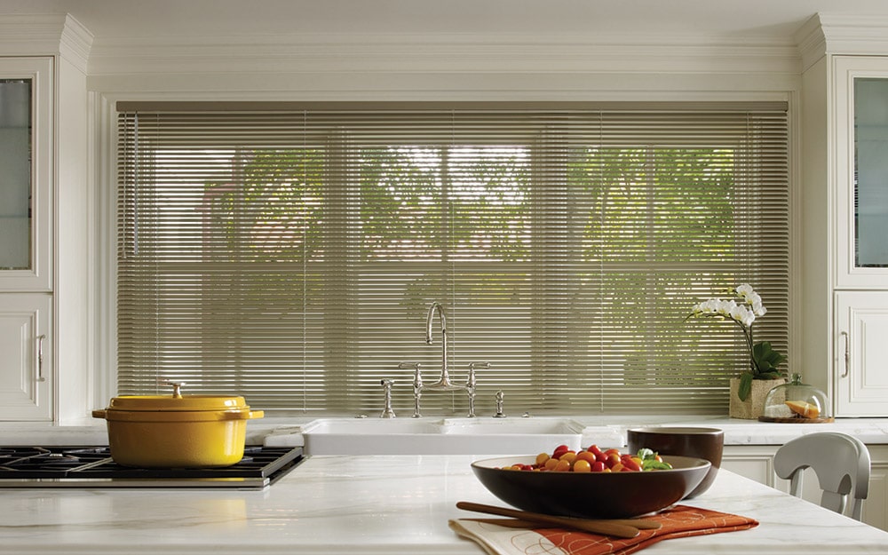 Mini blinds muted colors in kitchen